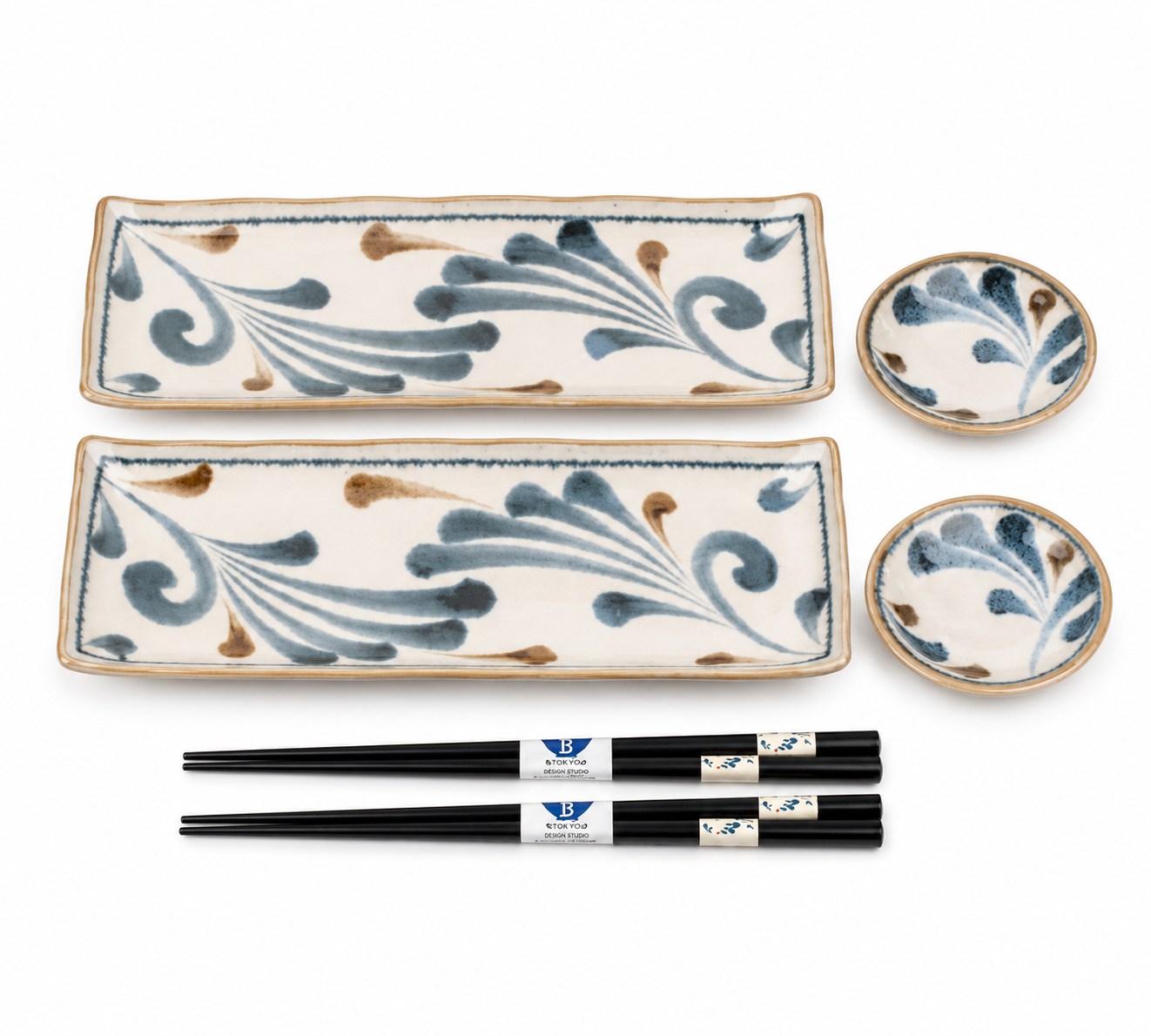 Authentic Karakusa Brush Japanese Sushi plate set with ceramic plates, dipping dishes and chopsticks crafted in Japan