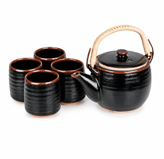 Authentic Tenmoku Black Japanese tea pot and cup gift set made in Japan