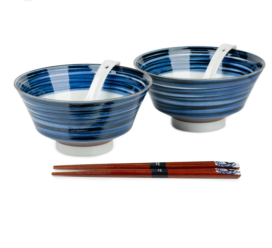 Indigo Blue Line Japanese Ramen Bowl Gift Set