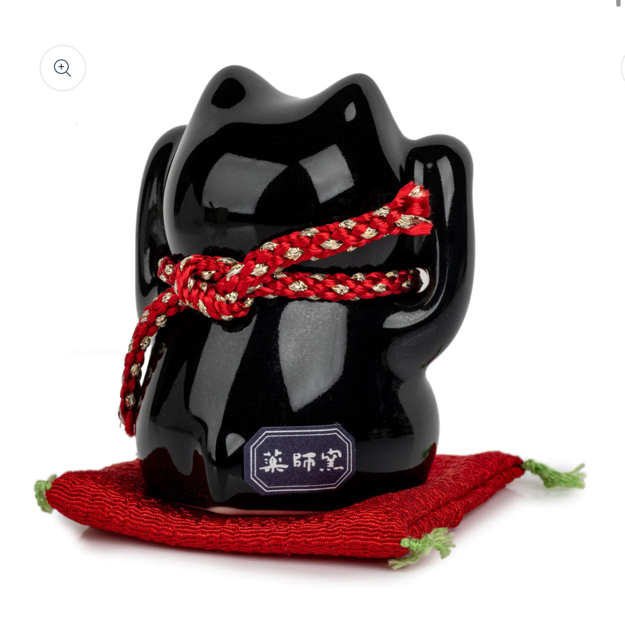 Black Good Health Japanese Lucky Cat and Red Cushion