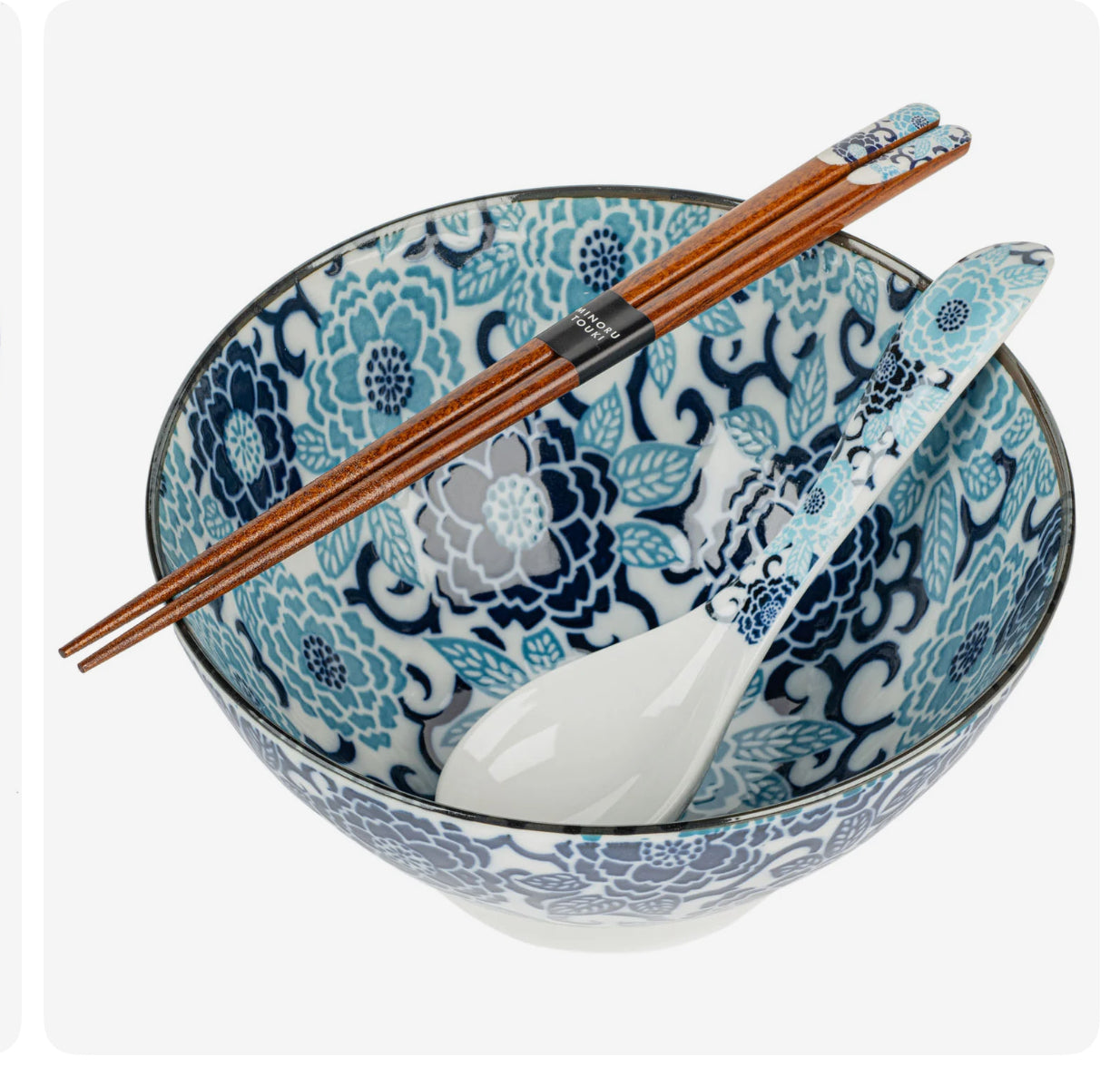 Japanese ramen bowl set made in Japan,Blue Peony ramen bowl set ,high quality porcelain bowls with chopsticks and spoons