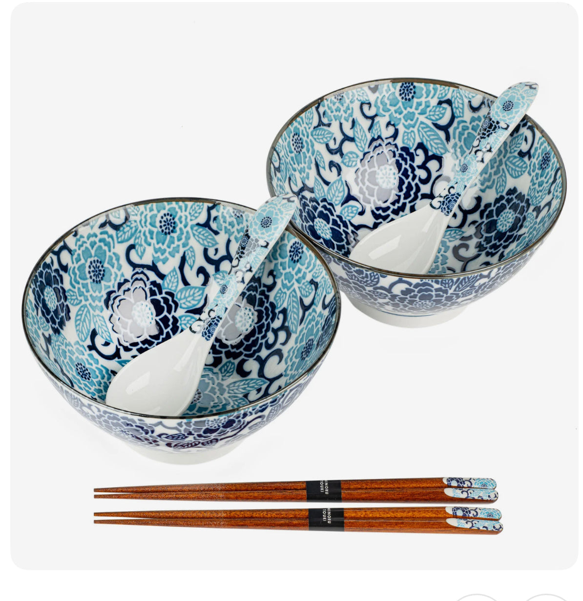 Authentic blue peony Japanese ramen bowl set made in Japan, Porcelain bowls with chopsticks and spoons