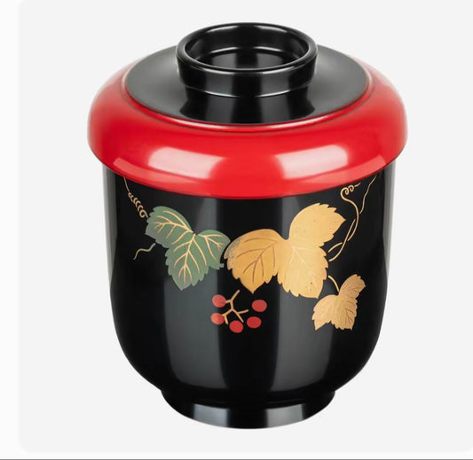 Japanese Urushi lacquer wooden bowl with lid featuring gold ivy motif on black lacquer finish made, in Japan