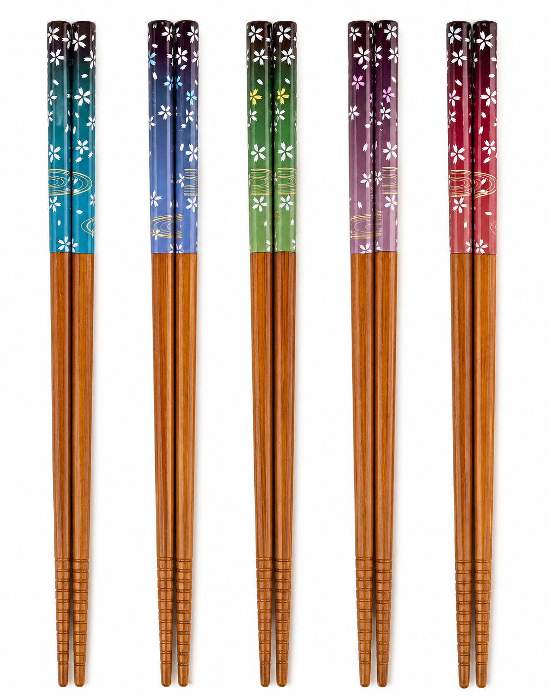 Bamboo Cherry Blossom and Stream Japanese Chopstick Gift Set made in Japan with five pairs of bamboo chopsticks featuring colourful sakura and flowing stream designs.