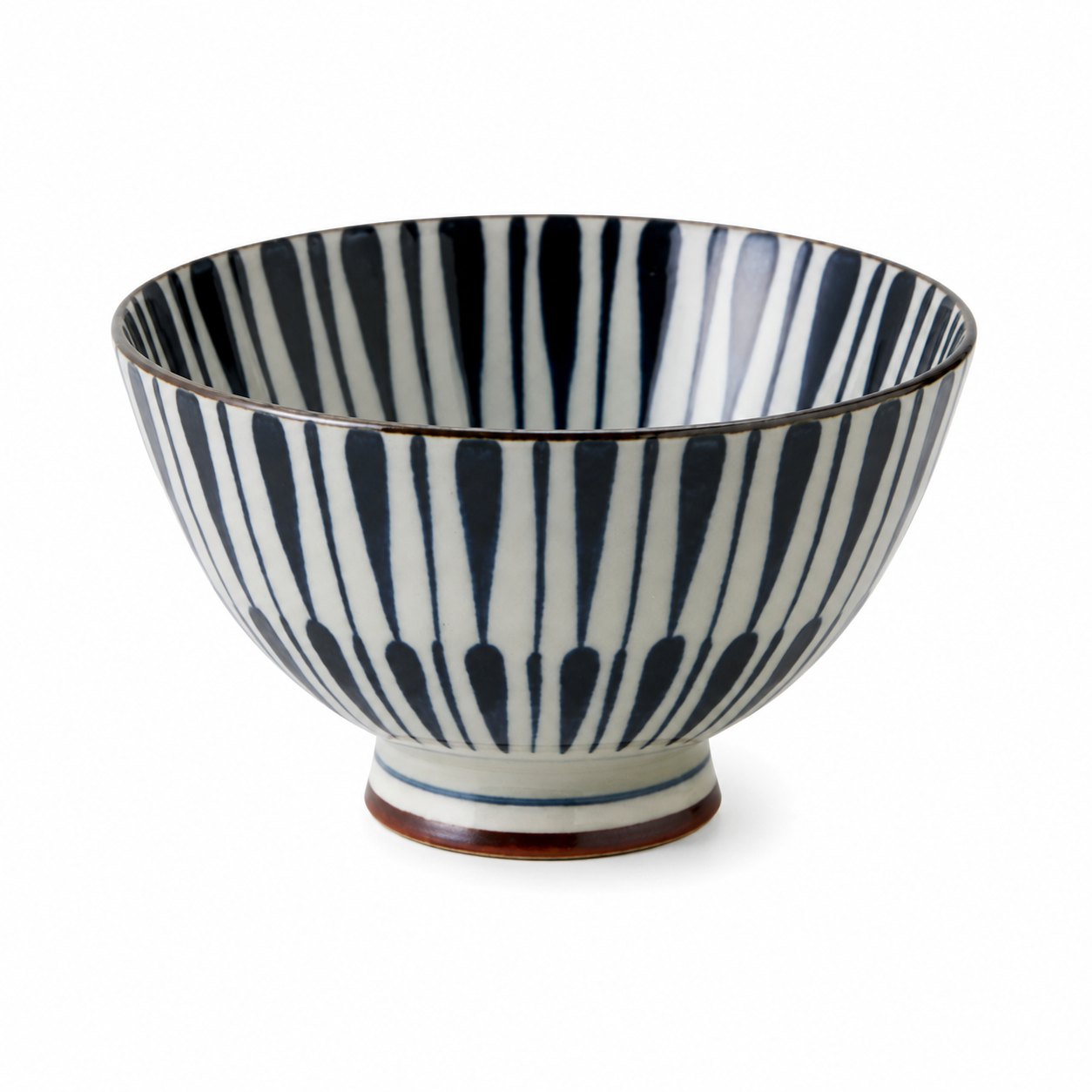 Authentic Kozome Yaetokusa Japanese ceramic rice bowl made in Japan with creamy-grey glaze and indigo-blue geometric pattern.
