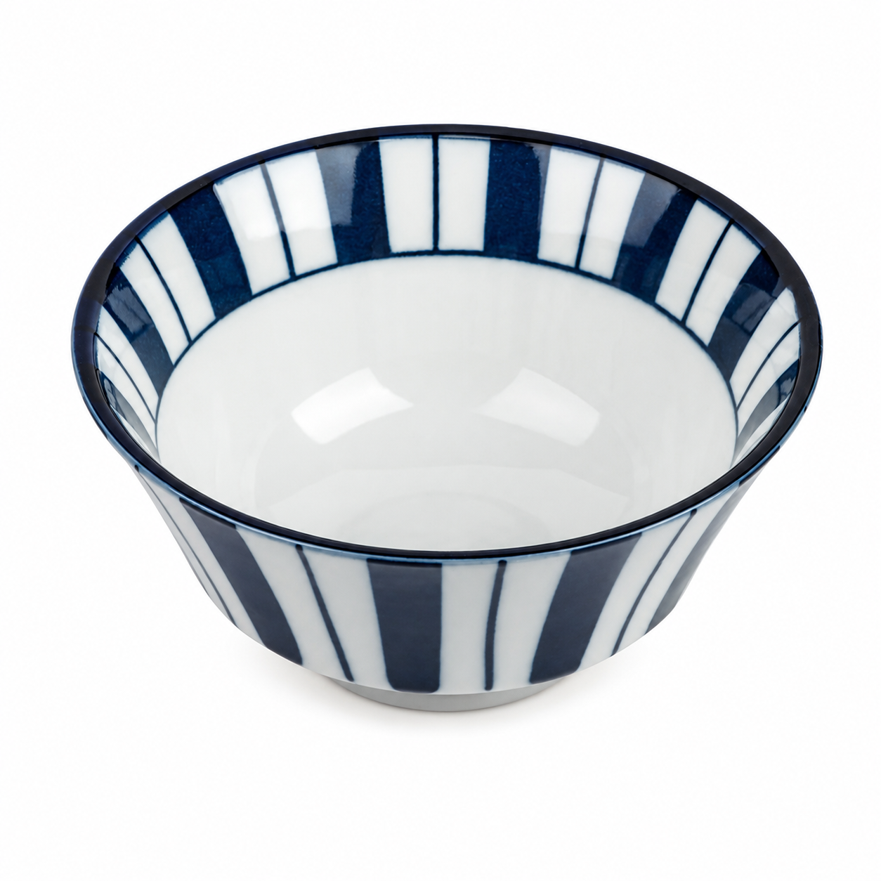 Premium Japanese porcelain rice bowl with a classic Tokusa geometric design in indigo blue and white, handcrafted in Japan and ideal for authentic Japanese dining.