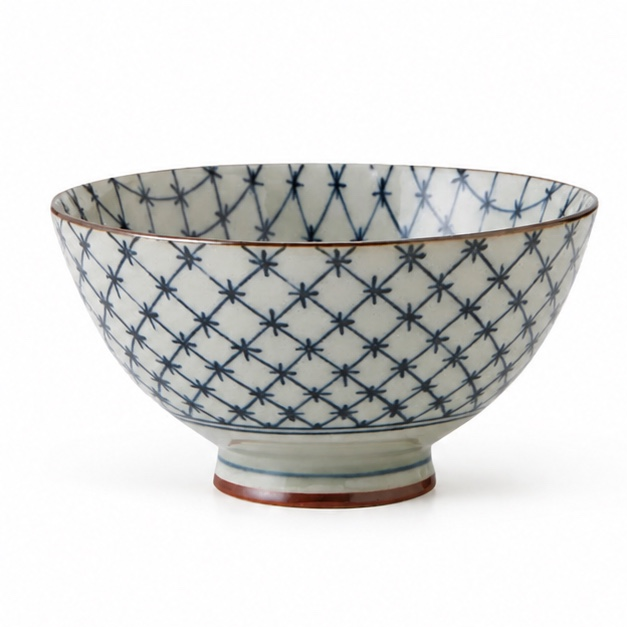 Kozome Jyuji Koushi traditional Japanese ceramic rice bowl with navy blue cross lattice pattern made in Japan