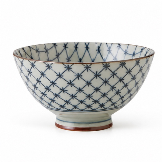 Kozome Jyuji Koushi traditional Japanese ceramic rice bowl with navy blue cross lattice pattern made in Japan