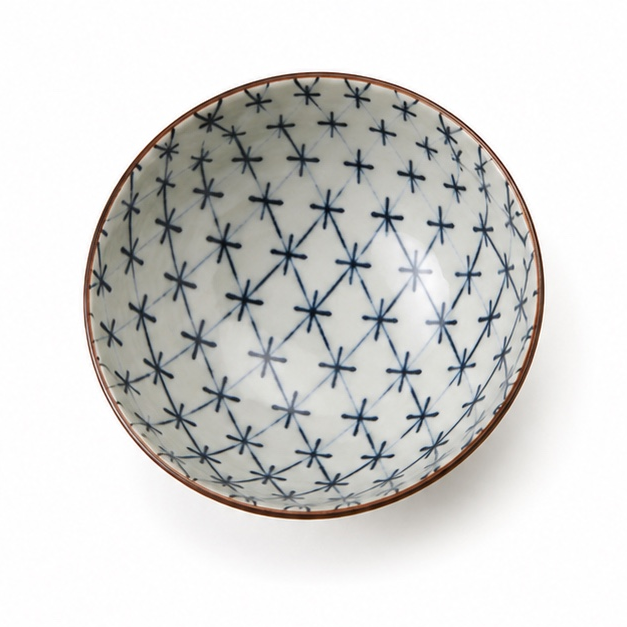 Authentic Kozome Jyuji Koushi Japanese rice bowl made in Japan, featuring a creamy-grey glaze with a traditional navy blue cross lattice pattern and brown rim.