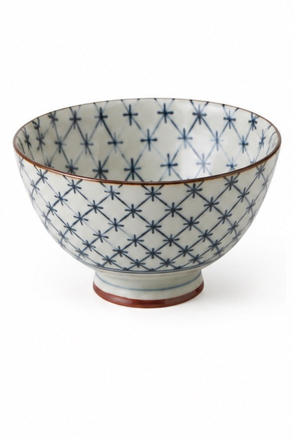 Traditional Japanese ceramic rice bowl with a navy blue Jyuji Koushi cross lattice design, handcrafted in Japan and perfect for rice, soups, and everyday dining.
