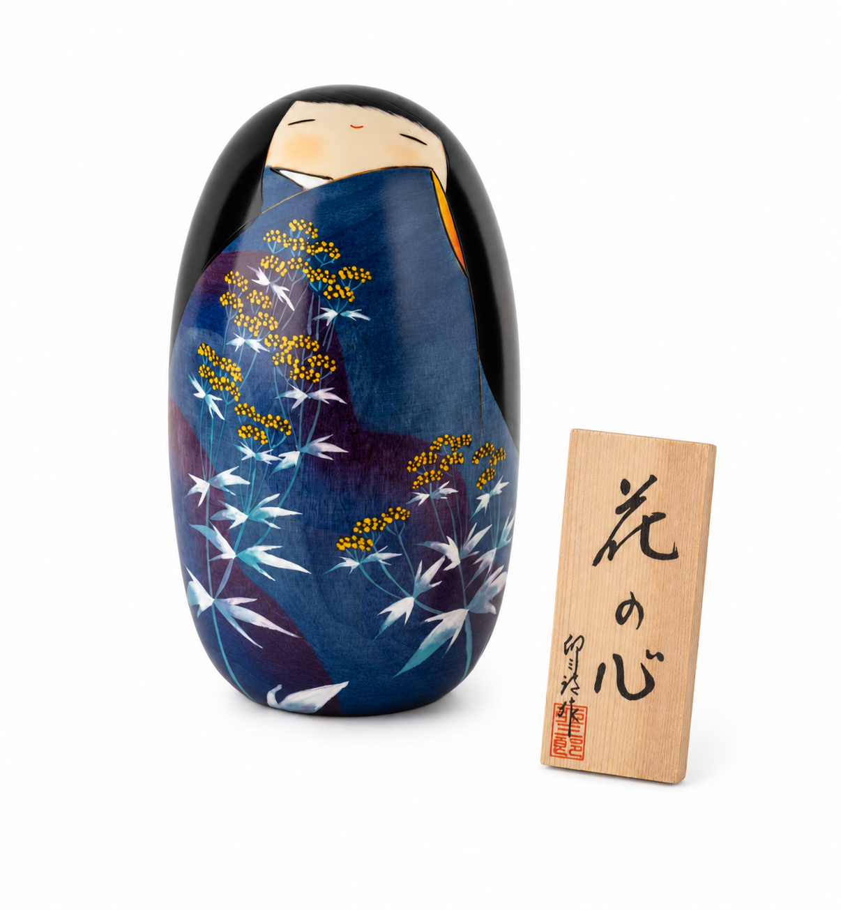 Heart of Flowers Japanese Kokeshi Doll handmade in Japan, featuring a blue and purple kimono with golden Patrinia flowers and traditional hand-painted wooden craftsmanship.