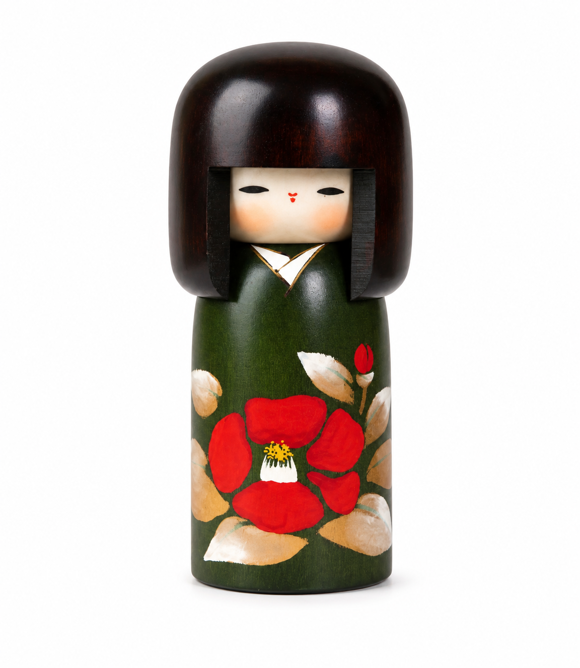     Front view of the Camellia Flower Wooden Japanese Kokeshi Doll, hand-painted in Japan with a bottle-green body and red camellia design.