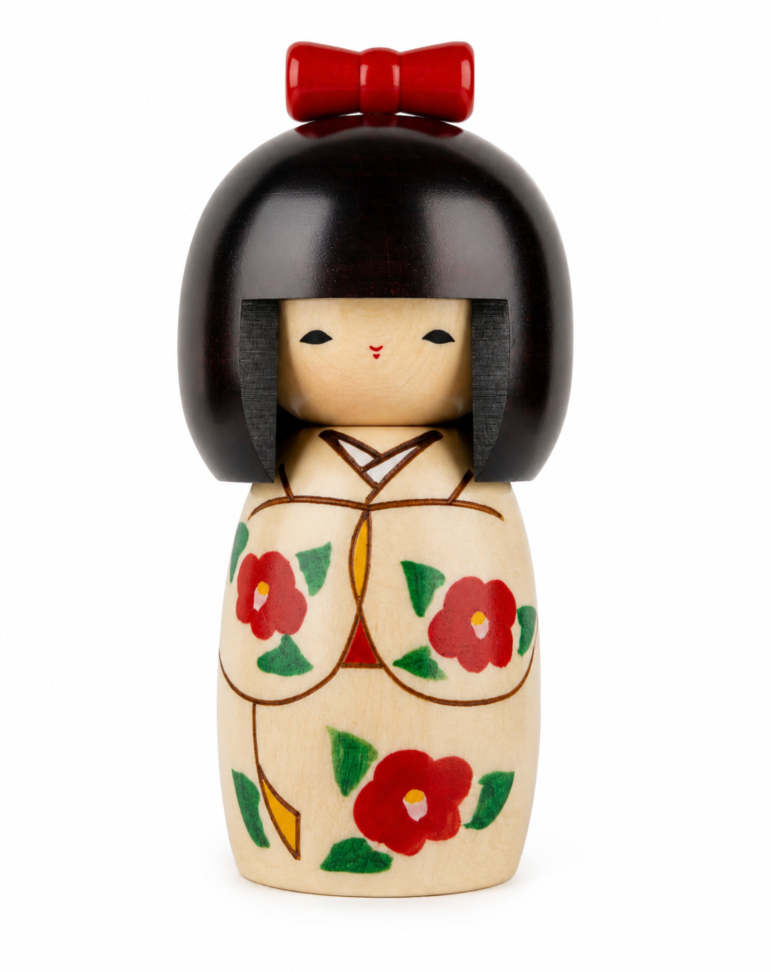     Front view of the Cute Girl with Ribbon Japanese Kokeshi Doll, hand-painted in Japan with red camellia flowers and a red hair ribbon.