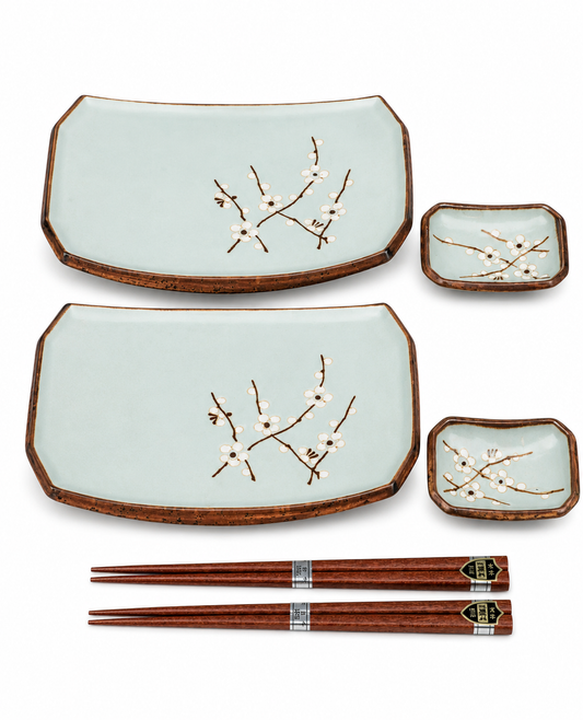Soushun Cherry Blossom Japanese Sushi Plate Set made in Japan, featuring two green-blue ceramic plates, two dipping dishes, wooden chopsticks and a black gift box.