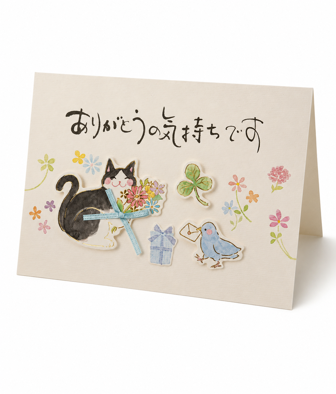 Lucky Cat and Bird Japanese Thank You Card featuring a raised grey-and-white cat holding flowers, a blue bird with a letter and black Japanese kanji.