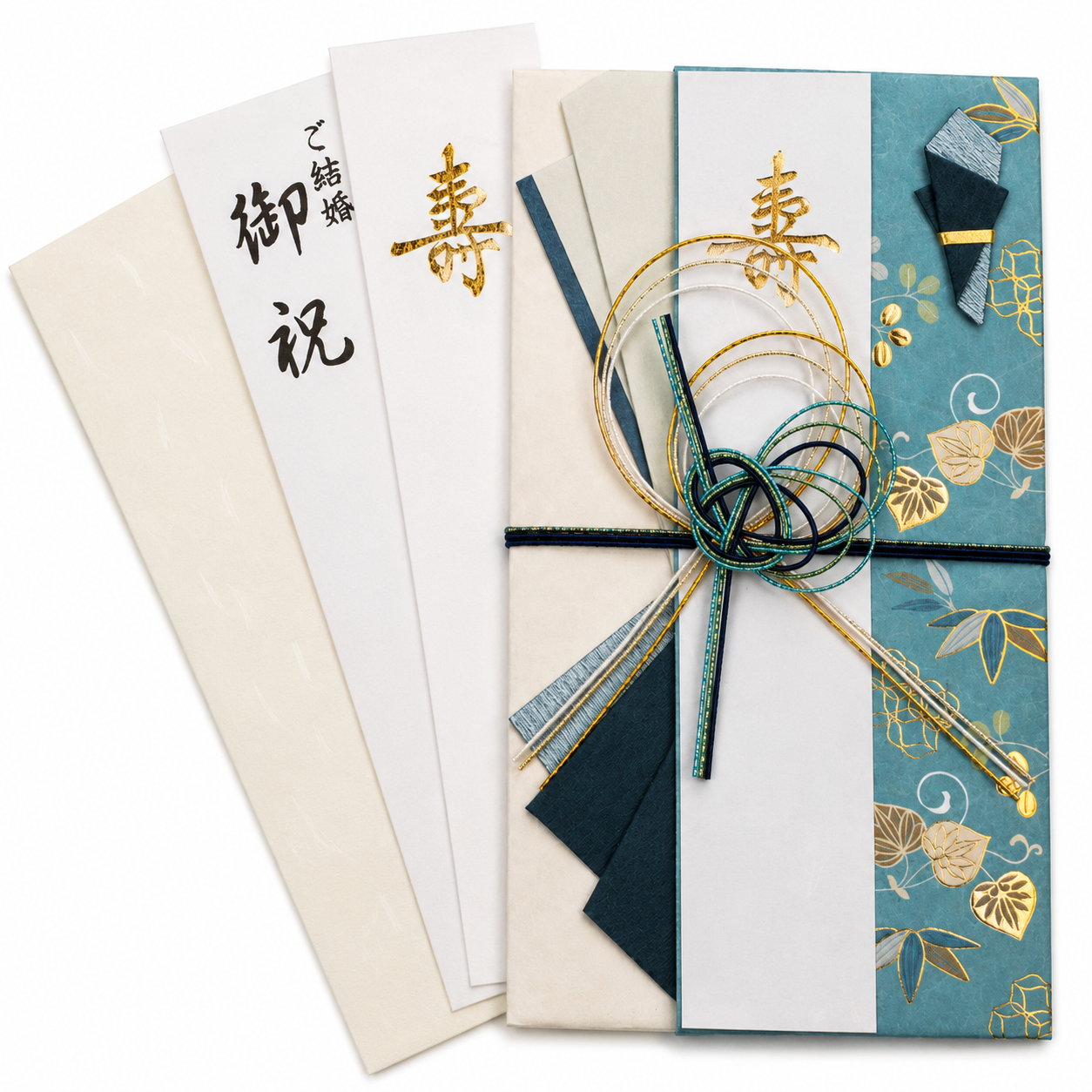Japanese wedding invitation suite featuring a teal and gold patterned envelope, cream-colored envelopes with black and gold calligraphy, and a matching paper cord bow.