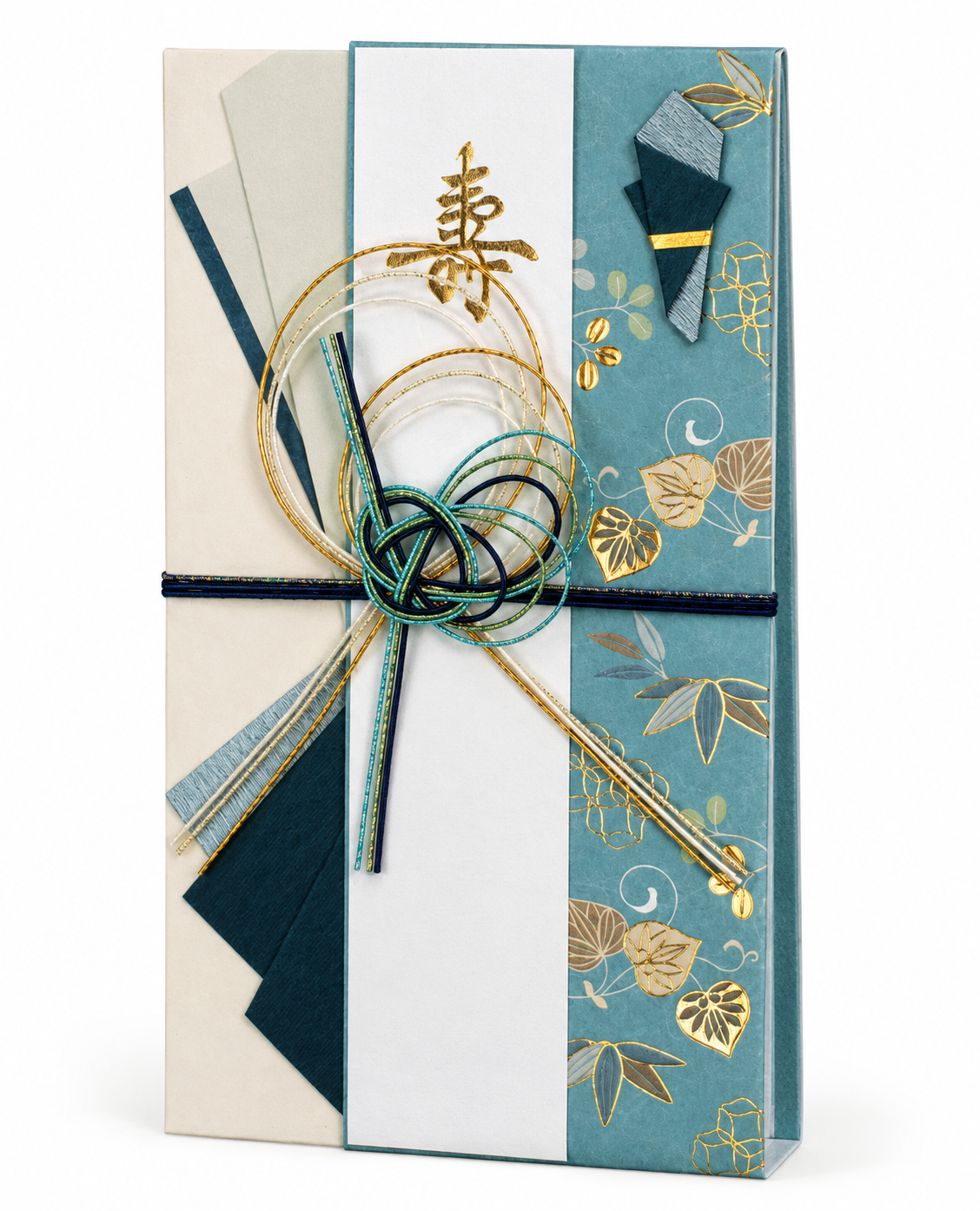 Itsuki Blue Knot Japanese Shugi Bukuro featuring blue-and-white paper, gold leaf patterns and a large blue, white and gold mizuhiki knot.