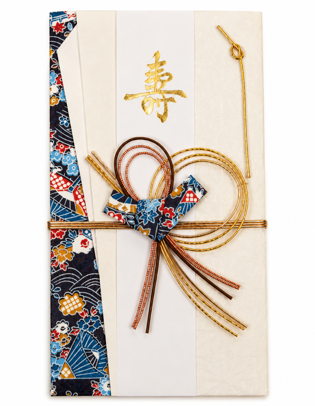 Cool Blue Waves Gold Knot Japanese Shugi Bukuro featuring blue-and-white washi paper, a large gold mizuhiki knot and an inner pocket for money or vouchers.