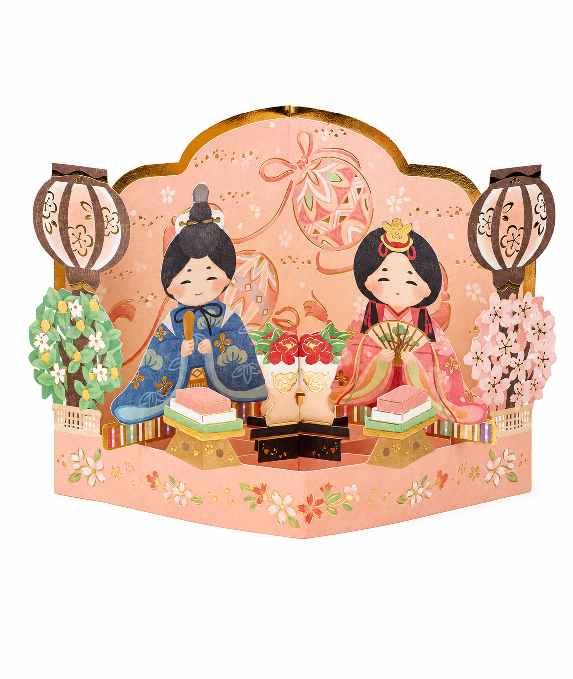 Happy Couple Pop Up Japanese Greeting Card open showing Emperor and Empress Hina dolls with cherry blossoms and lanterns, made in Japan