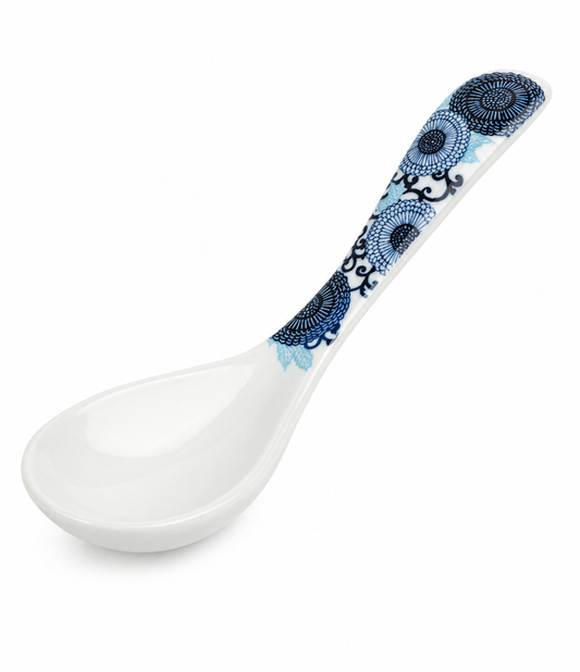 Blue Chrysanthemum Japanese Ceramic Soup Spoon – white ceramic with blue floral pattern, made in Japan
