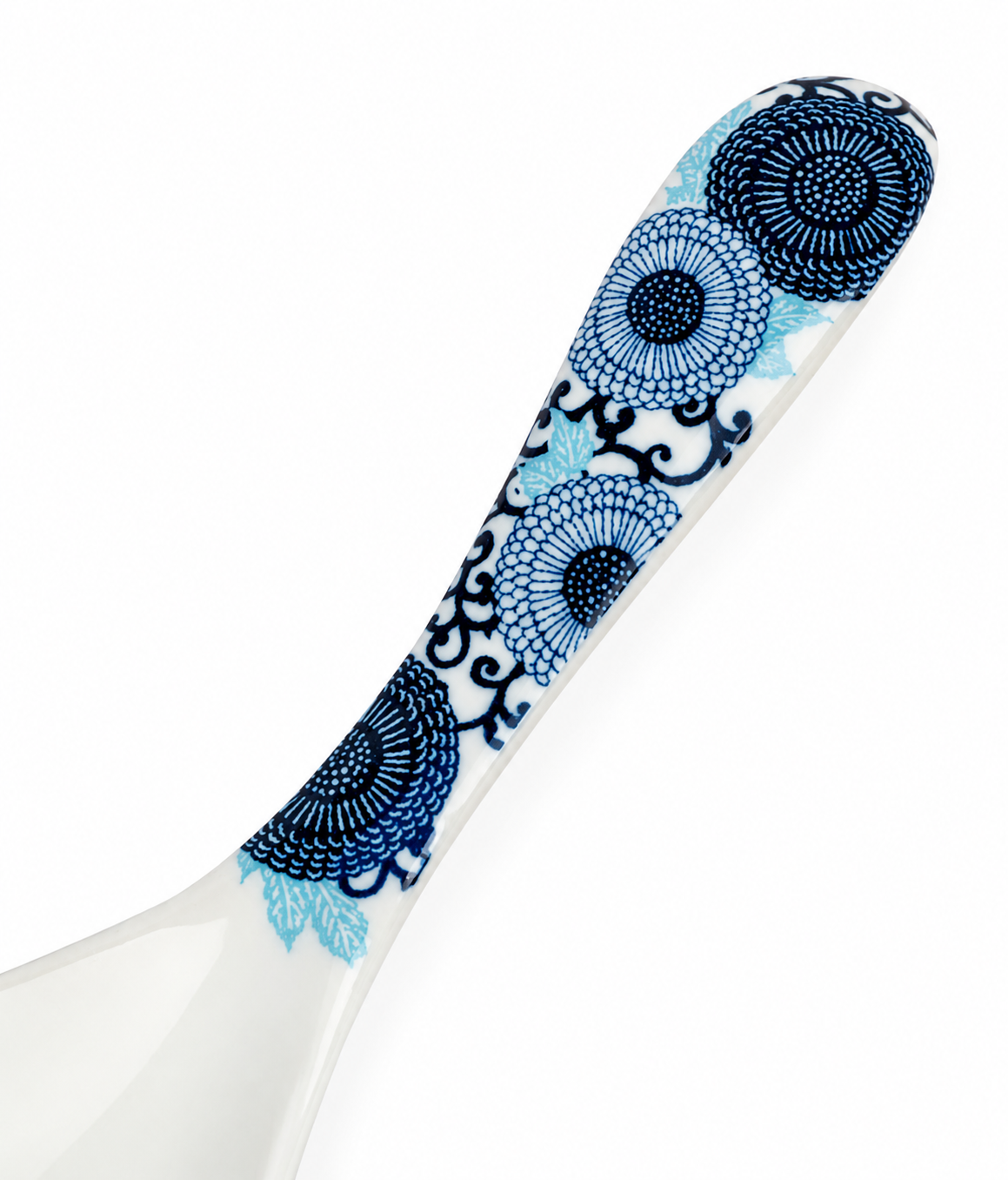 Close-up of blue chrysanthemum pattern on Japanese ceramic soup spoon handle, made in Japan