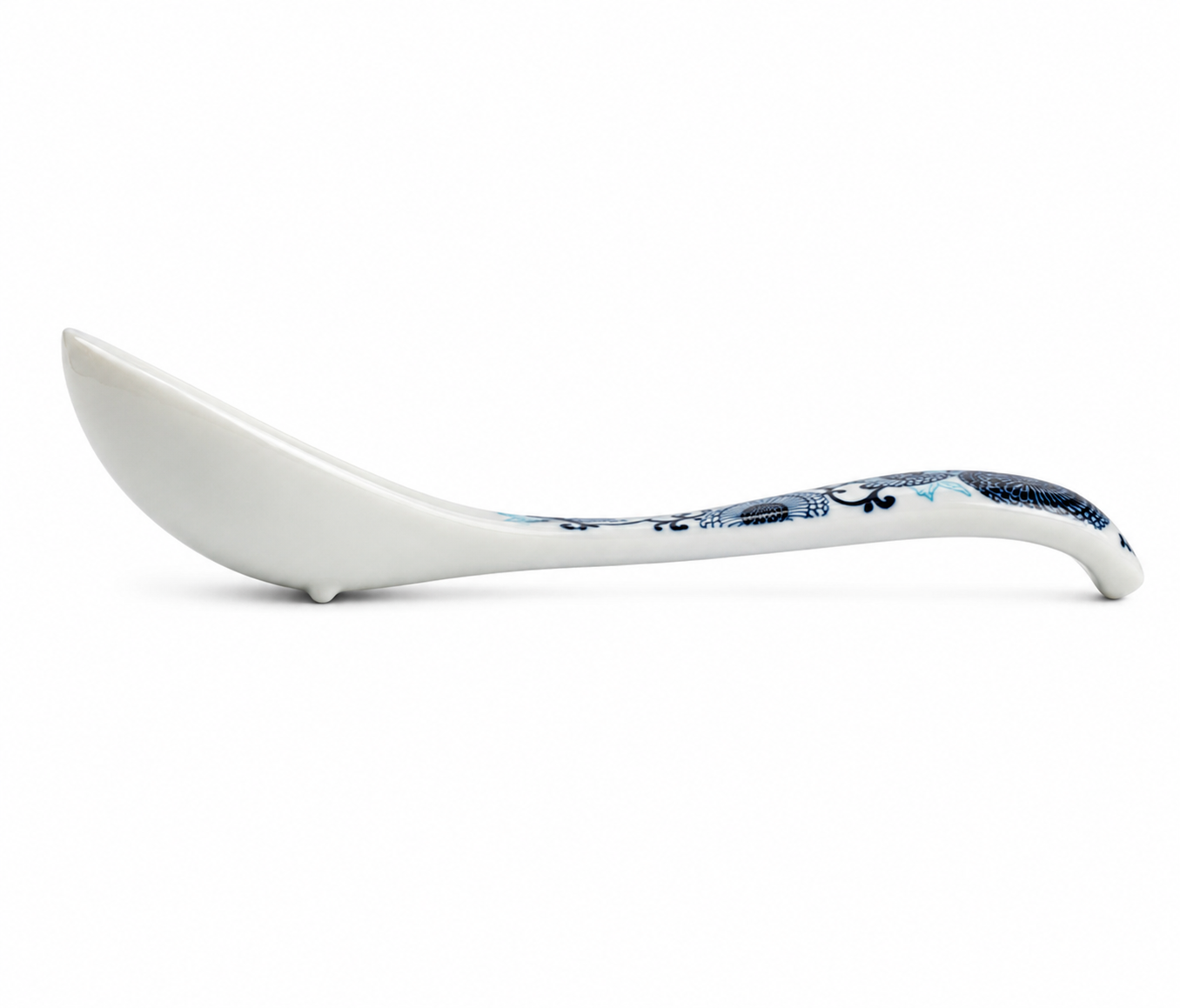 Side profile of Blue Chrysanthemum Japanese Soup Spoon showing curved handle and deep bowl, made in Japan