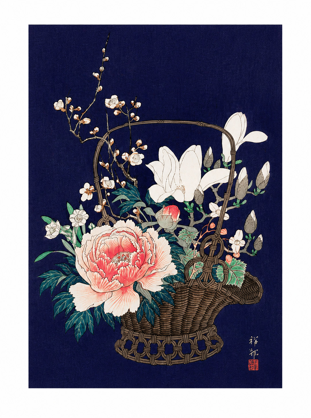 Bamboo Flower Basket Japanese art print by Ohara Koson featuring pink peonies, white magnolias and blossom branches in a woven bamboo basket against a dark navy background