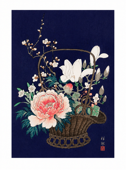 Bamboo Flower Basket Japanese art print by Ohara Koson featuring pink peonies, white magnolias and blossom branches in a woven bamboo basket against a dark navy background