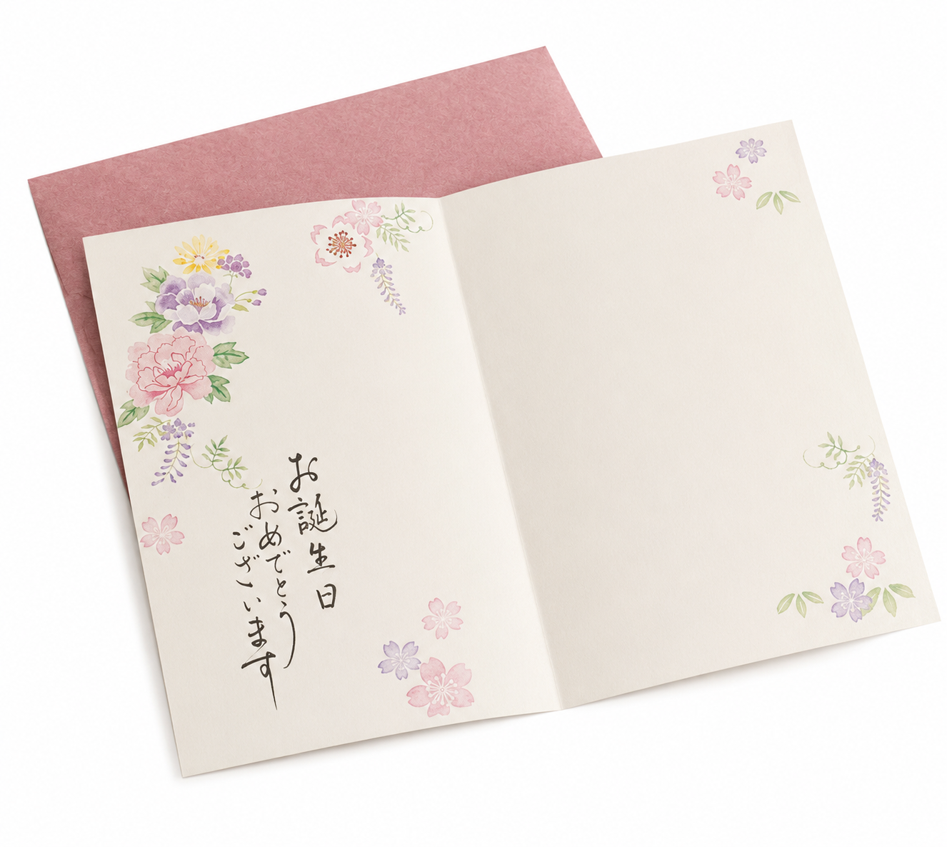     Inside of Pretty Purple Peonies Japanese Birthday Card with decorated paper insert and floral motifs