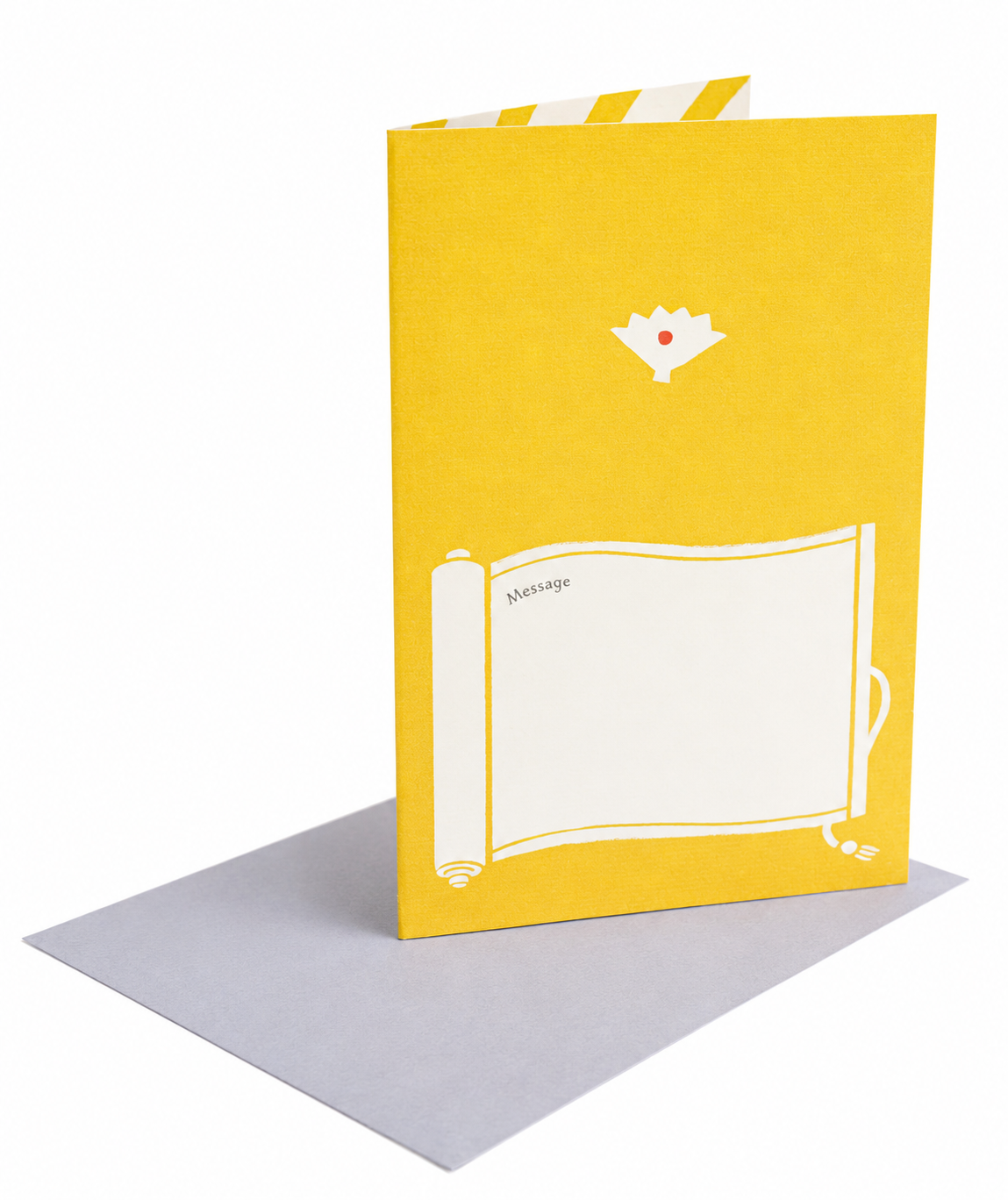 Back of Samurai Japanese Birthday Card showing message scroll panel with pale purple envelope, Made in Japan