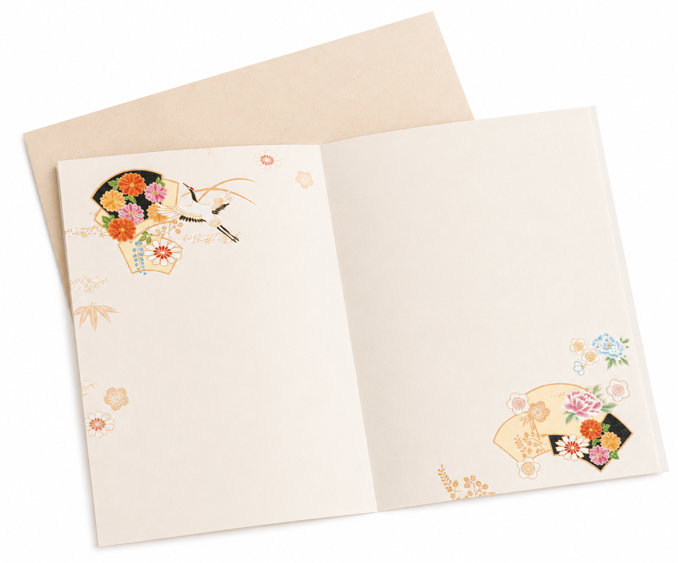 Mizuhiki and Crane Japanese Congratulations Card open inside — cream pages with delicate fan, crane, and floral motifs in orange, pink and gold, shown with matching cream envelope