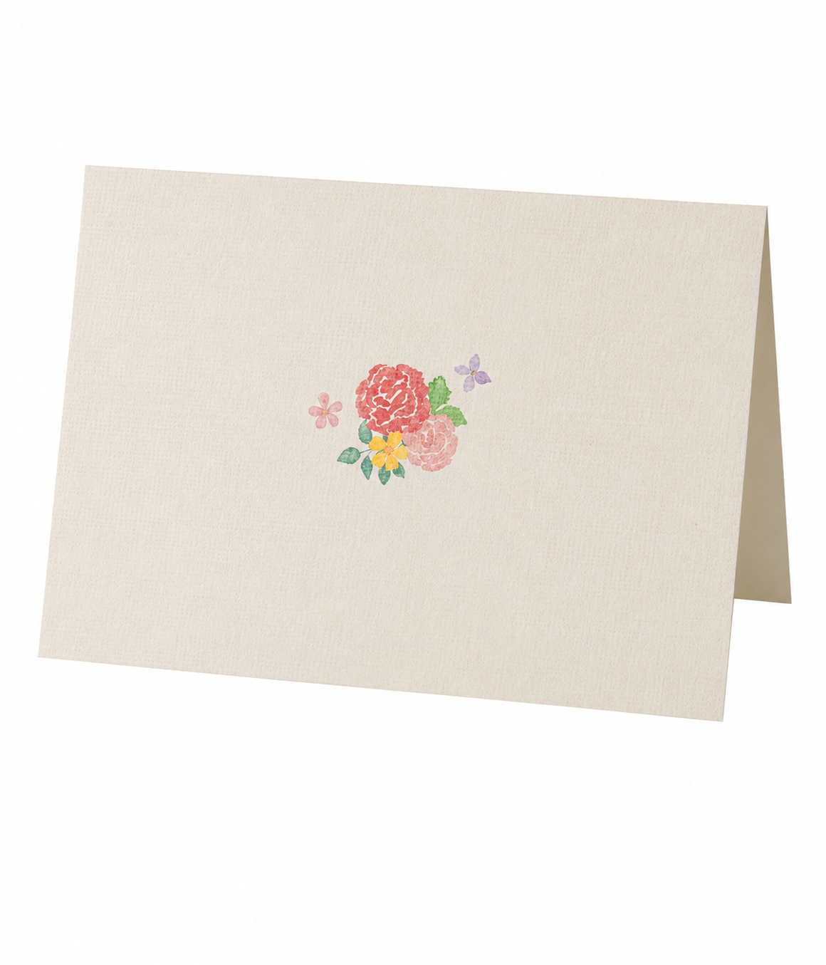 Cream folded greeting card back with a small watercolour floral motif of red and pink roses with a purple butterfly
