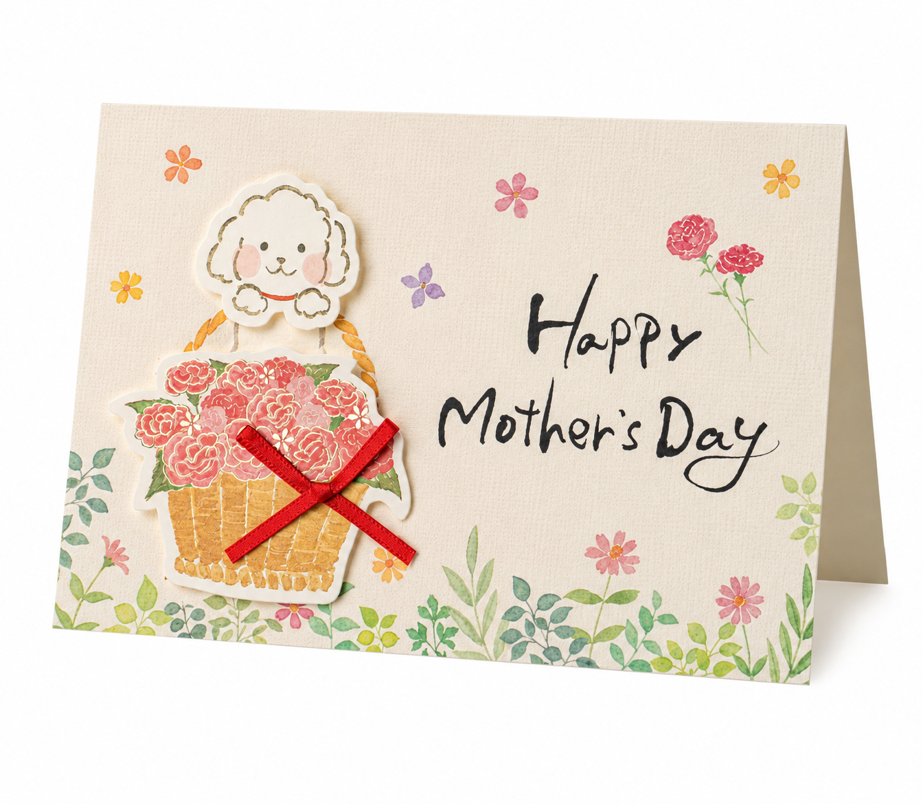 Happy Mother's Day greeting card featuring a white poodle in a wicker basket of red carnations, surrounded by watercolour flowers on a cream background
