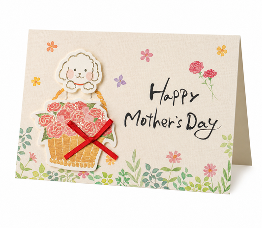 Happy Mother's Day greeting card featuring a white poodle in a wicker basket of red carnations, surrounded by watercolour flowers on a cream background
