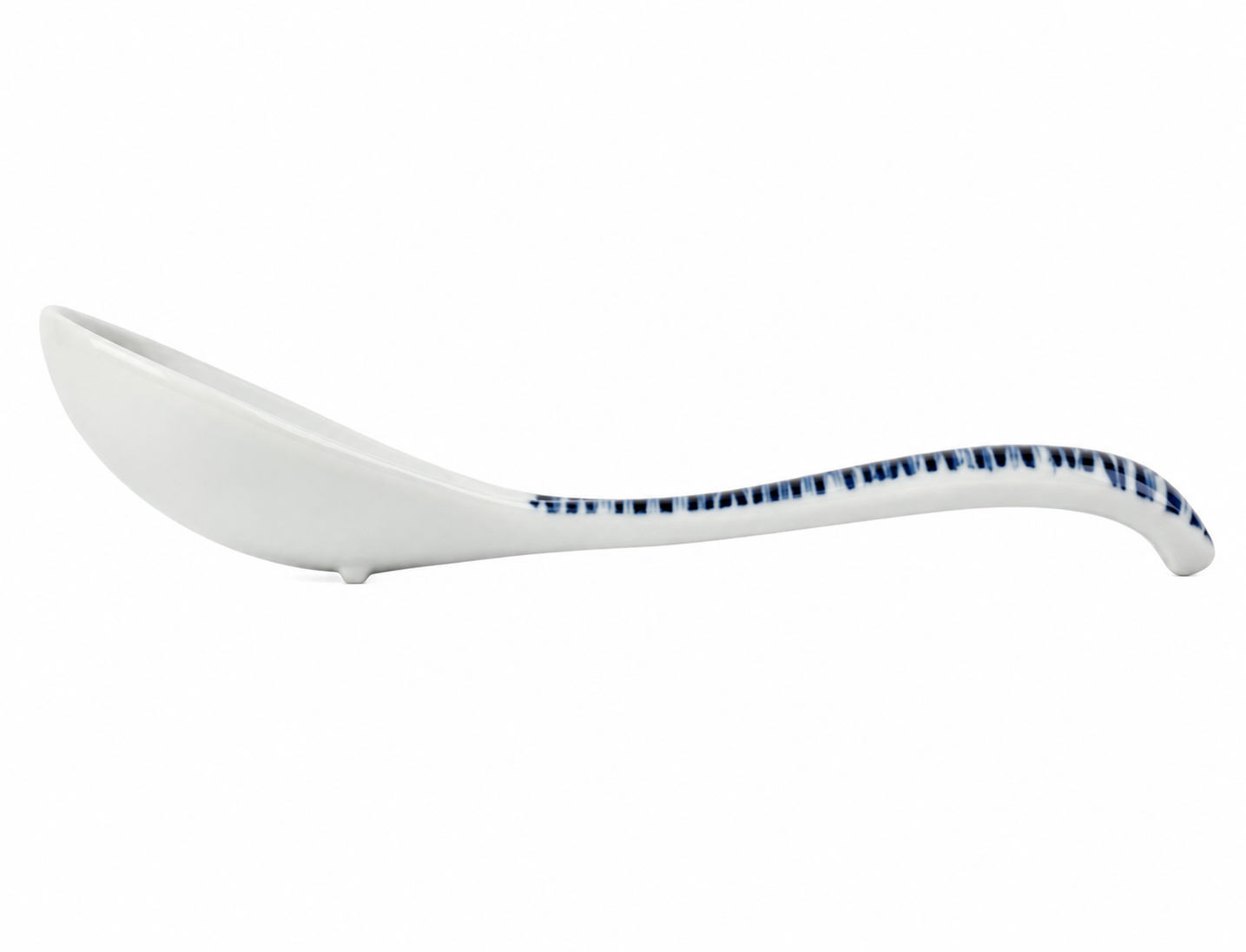 Side profile of Komasuji Blue Swirl Japanese ceramic soup spoon showing curved base and blue striped handle detail