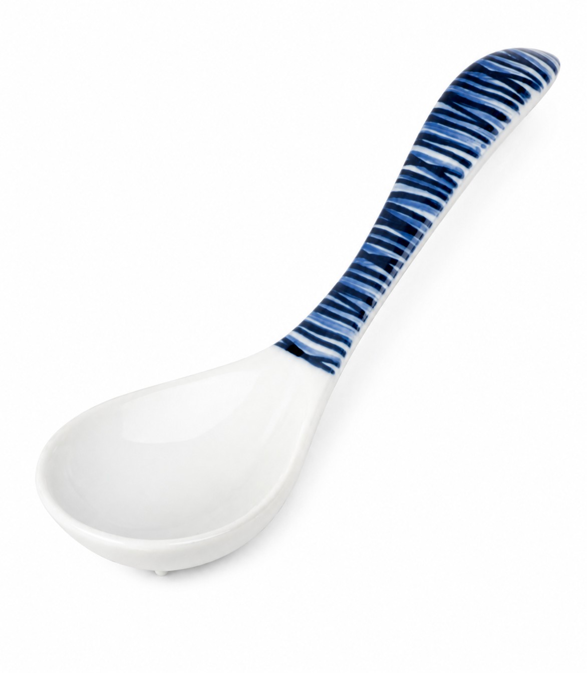 Komasuji Blue Swirl Japanese ceramic soup spoon, white bowl with indigo blue striped handle, made in Japan