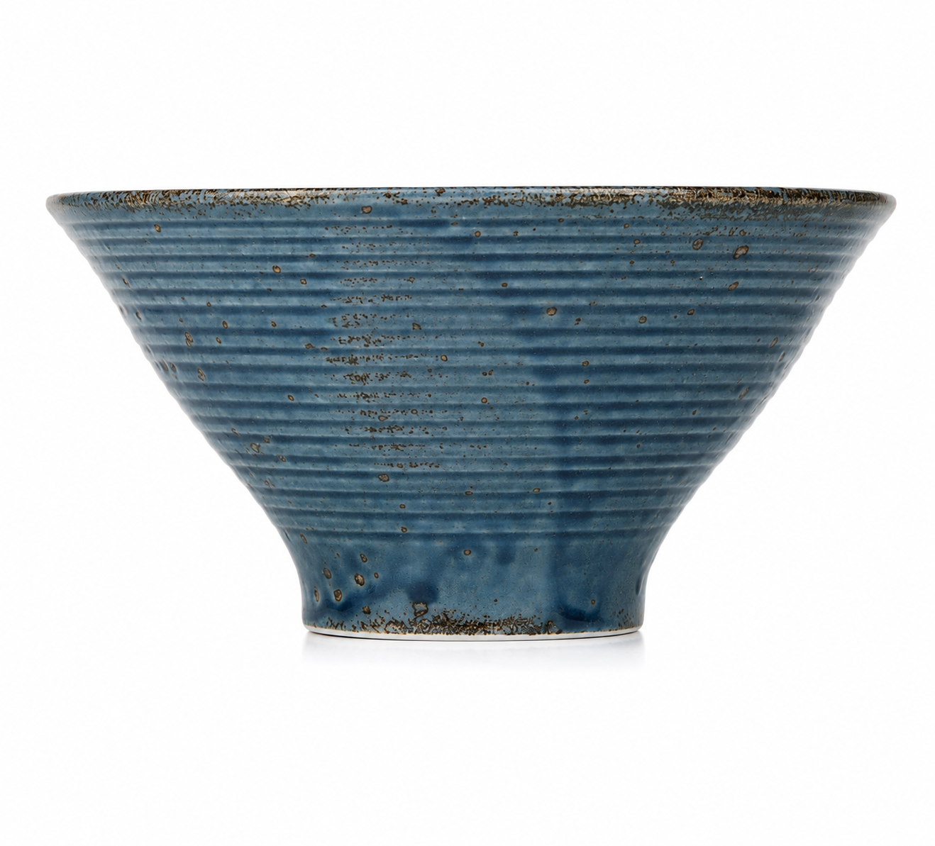 Exterior of Blue Wabi Sabi Japanese ramen bowl showing ribbed texture and earthy blue speckled glaze, made in Japan