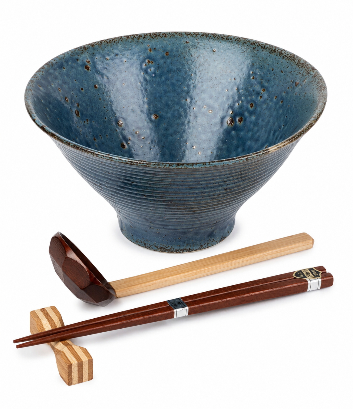 Blue Wabi Sabi Premium Japanese Ramen Bowl Set with ribbed porcelain bowl, wooden soup spoon, chopsticks and chopstick rest, made in Japan