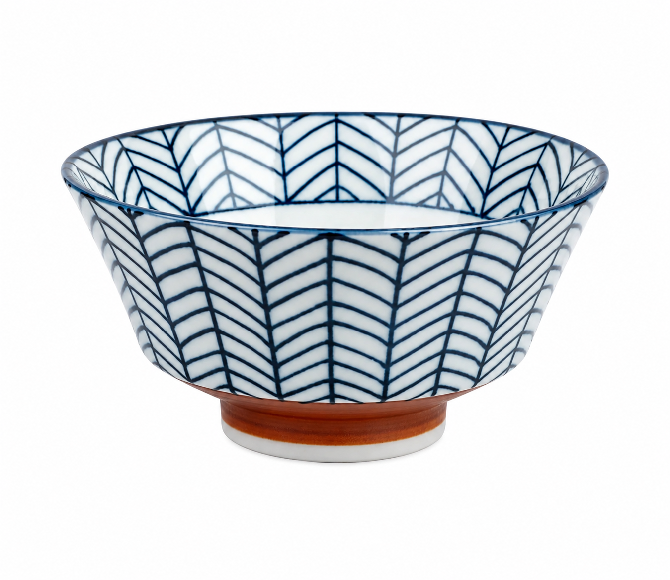 Yabane Geometric Japanese Rice Bowl with indigo blue arrow feather pattern on white porcelain and terracotta foot, made in Japan