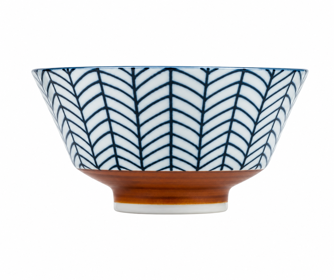Side view of Yabane Geometric Japanese Rice Bowl showing full indigo blue yabane herringbone pattern and warm terracotta base