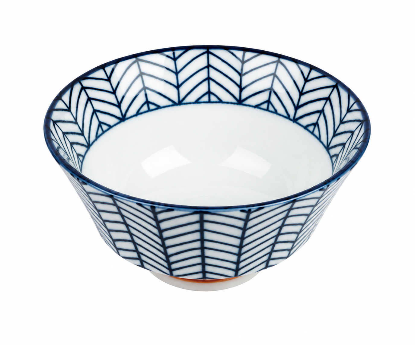 Top view of Yabane Geometric Japanese Rice Bowl showing indigo blue arrow feather pattern on interior rim and white porcelain centre
