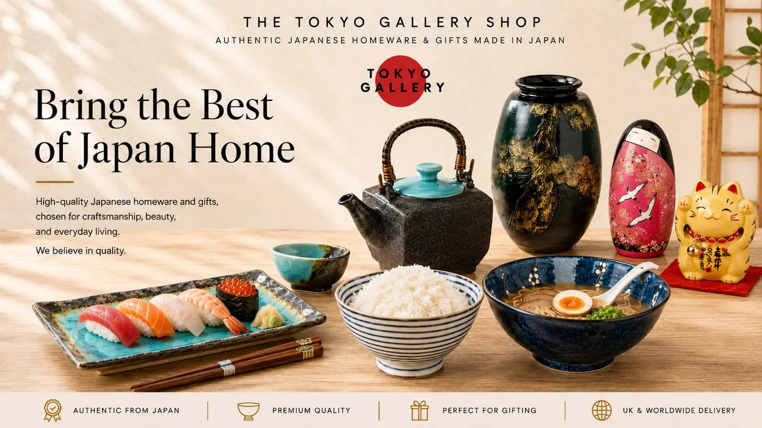 Japanese homeware collection featuring sushi tableware, teapot, vase, kokeshi doll, and lucky cat