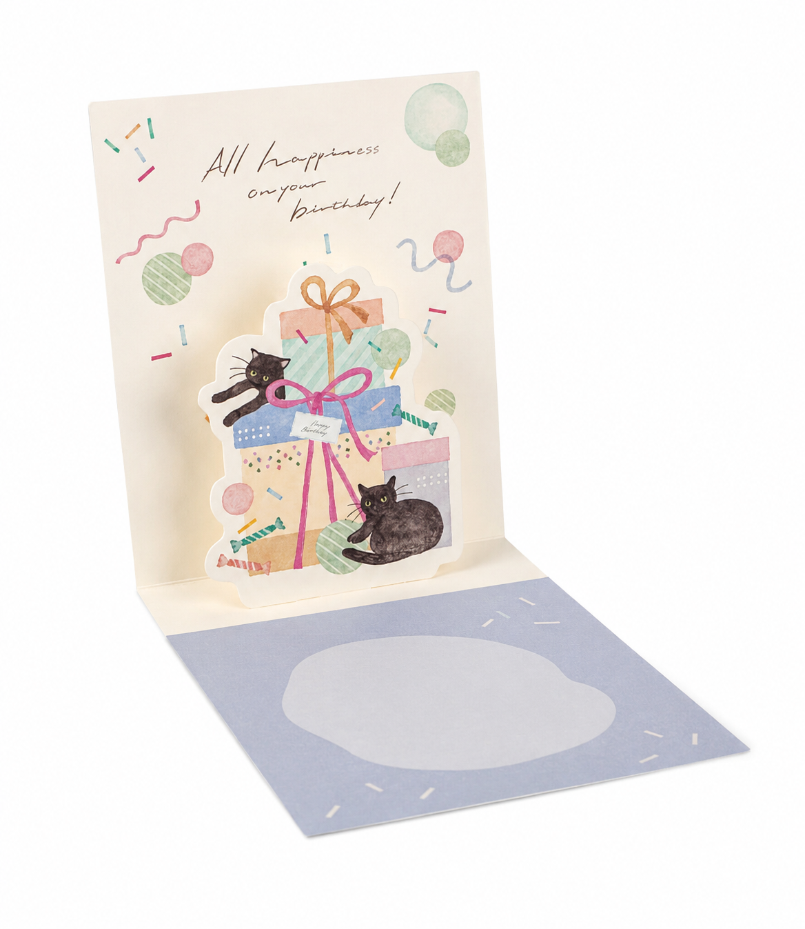 Black Cat Pop Open Mini Japanese Birthday Card open showing Happy Birthday text with black cat, pastel balloons, ice cream cone and confetti illustration