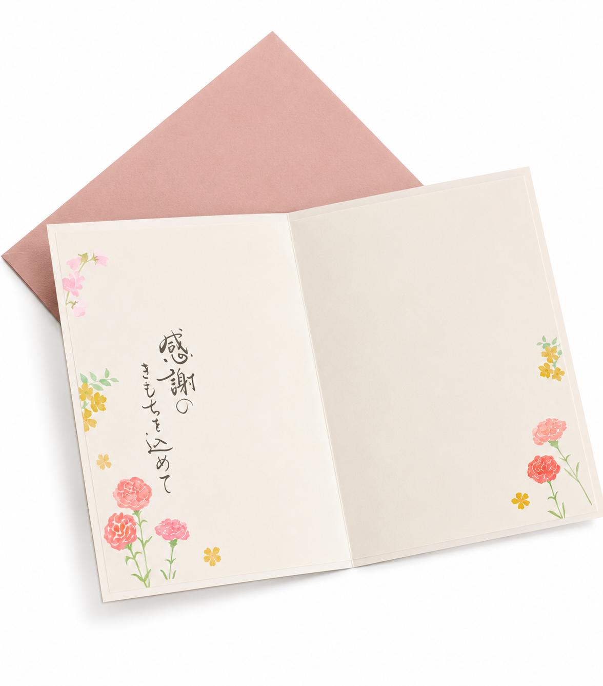 Pink Carnation Japanese Mothers Day Card front with three 3D raised pink carnations gold detail pink ribbon bow and Japanese script いつもありがとう