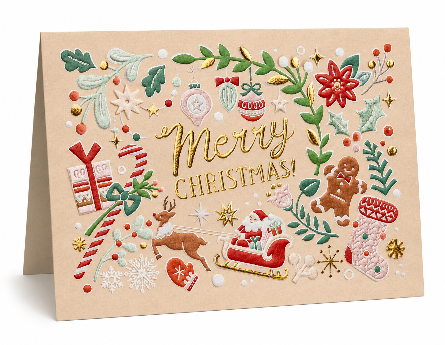 Warm sandy/cream background, embossed-style festive scene — Santa on his sleigh, reindeer, gingerbread man, candy canes, baubles, holly, poinsettia, and gold Merry Christmas! lettering