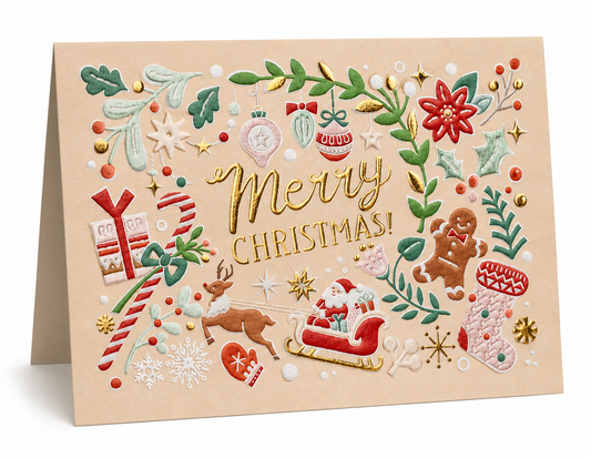 Warm sandy/cream background, embossed-style festive scene — Santa on his sleigh, reindeer, gingerbread man, candy canes, baubles, holly, poinsettia, and gold Merry Christmas! lettering