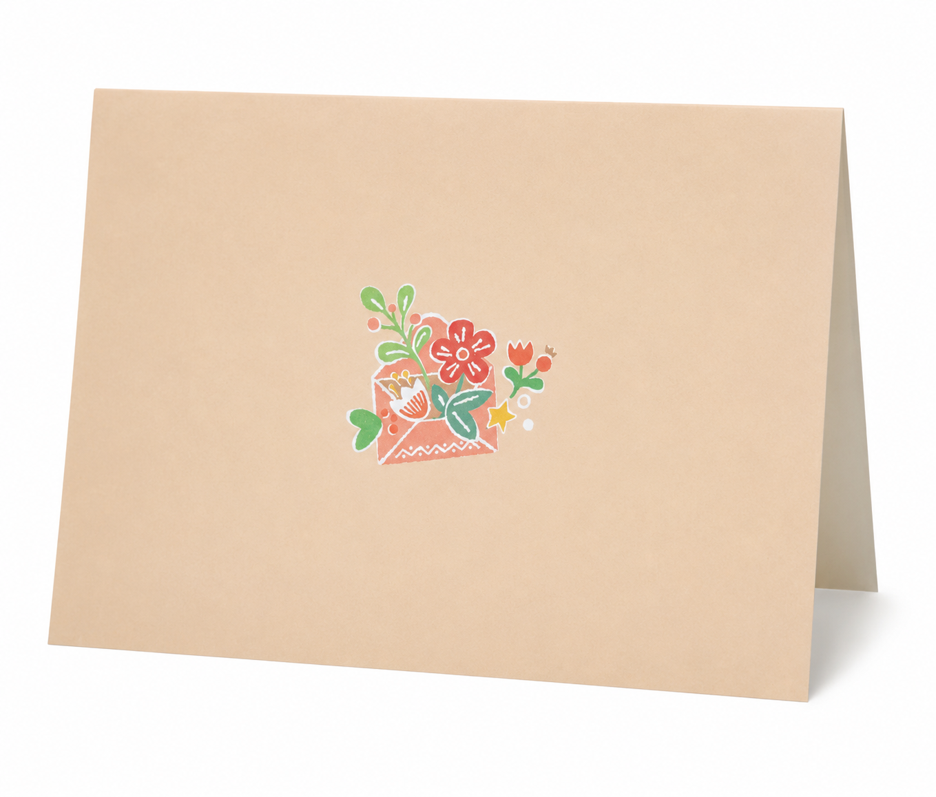 Soft peach with a delicate floral envelope motif in red, green, and gold
