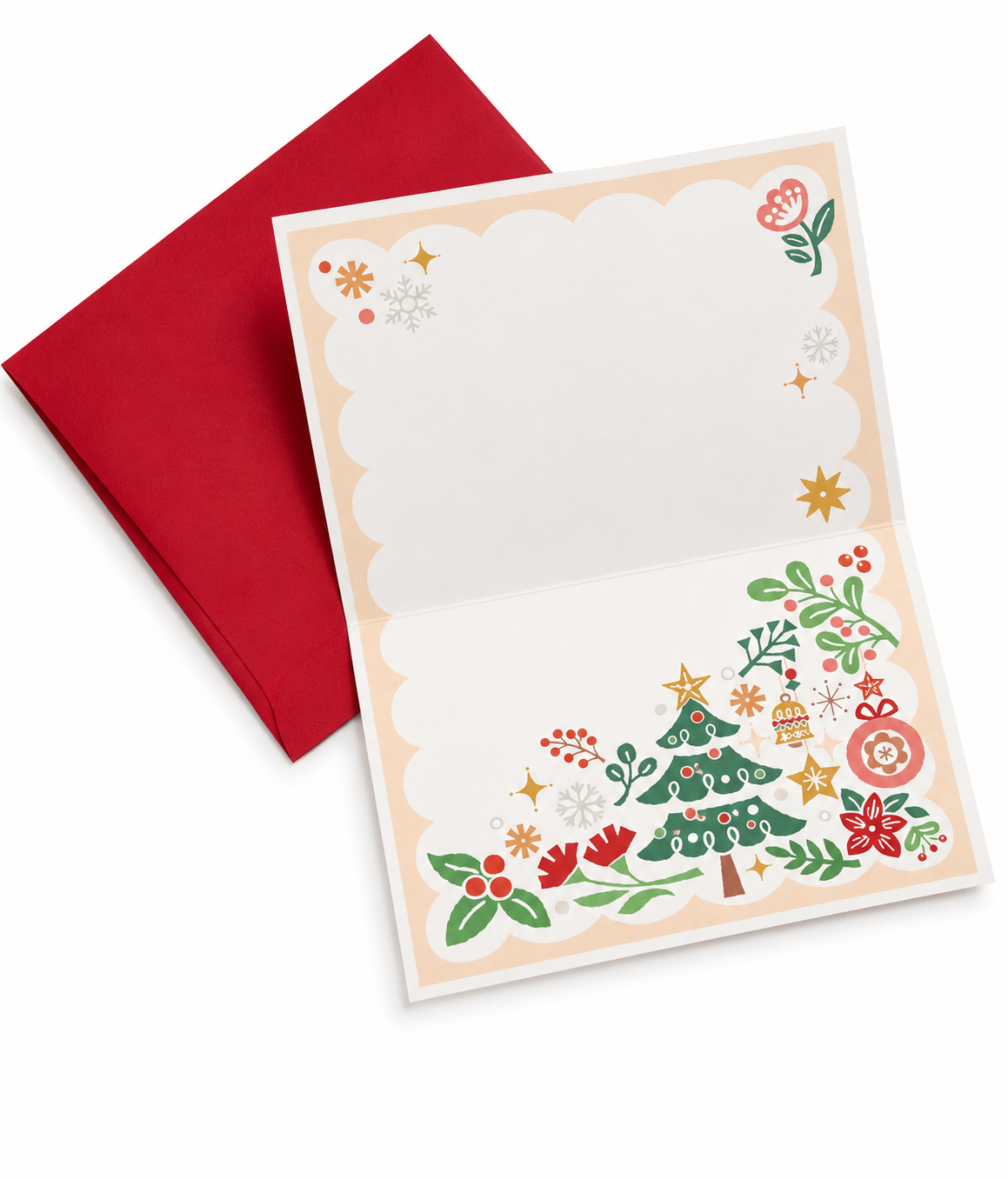 Cream card with red envelope, Christmas tree and botanical border in red, green, and gold
