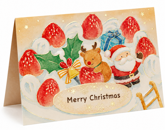Japanese Christmas card featuring watercolour strawberries, Santa Claus, reindeer, holly, and a gift box with Merry Christmas text