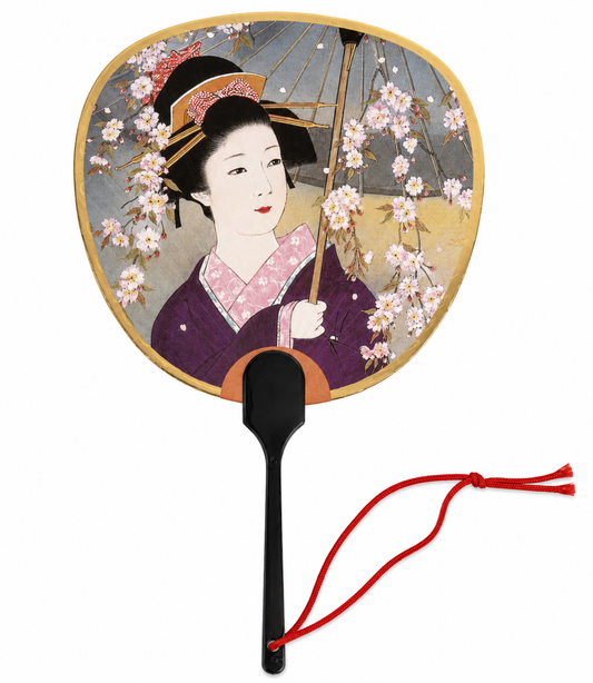 Japanese geisha fan greetings card featuring a geisha beneath cherry blossoms with gold border and red tassel cord